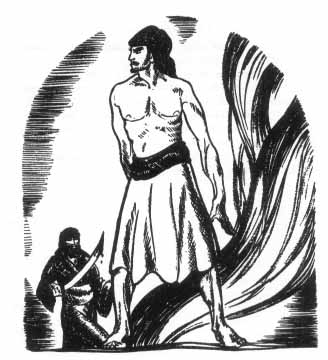 man standing before a second man with a bloody sword