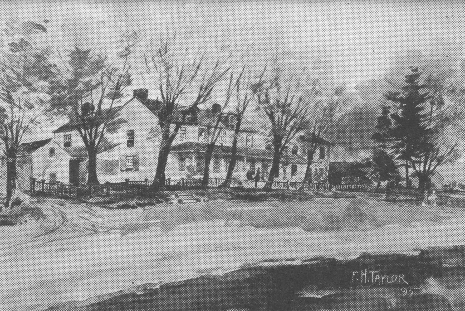 painting of the post office, a large white building set in the woods with a fence around it.