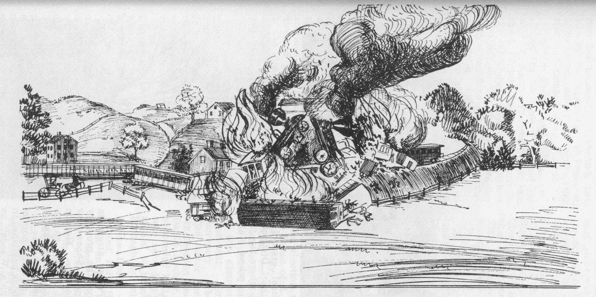 black and white illustration of railroad crash near Ambler