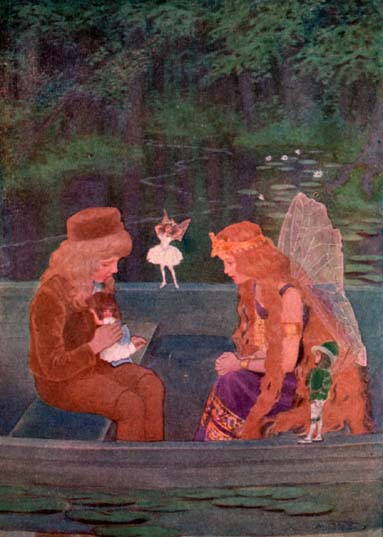 boy with three small fairies and one human-sized fairy with long hair and crown