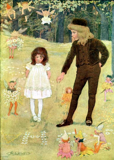boy pointing at letter H made out of flowers with little girl and fairies looking on