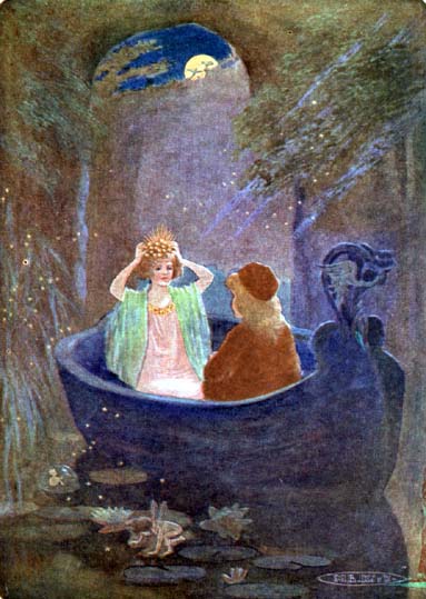 girl with shiny crown and boy in a boat on a river at night