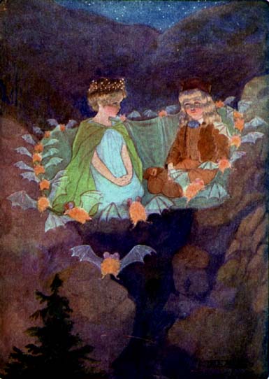 girl with crown and boy sitting on wing carried by bats