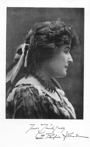 profile view of woman with hair ribbon and necklace; signature of E. Pauline Johnson below