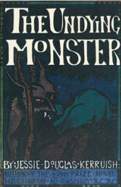 Monster with red eyes and fangs behind a tree; text: The Undying Monster