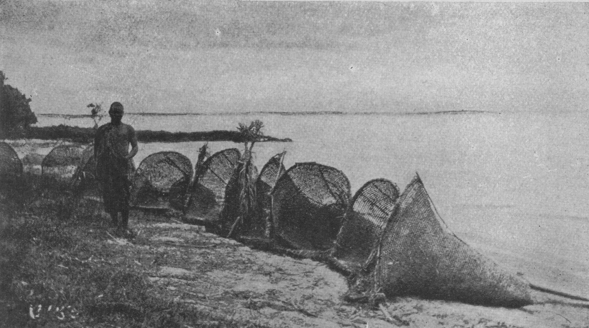 man standing with woven nets at the shore of a body of water