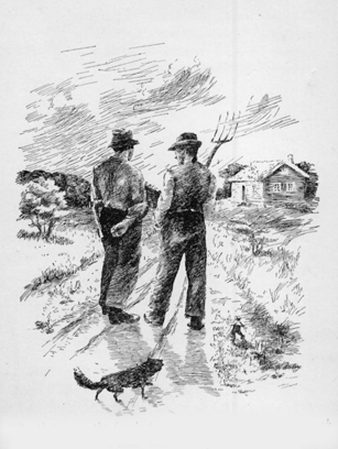 small boy and fox following two men in a field