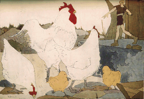 boy pointing at three hens and two chicks