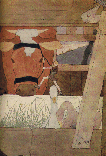 elf holding onto a harness on a cow's head
