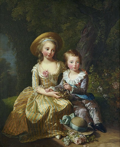 Formal portrait of the two children of Marie Antoinette (an older girl and a younger boy) in elaborate clothing.