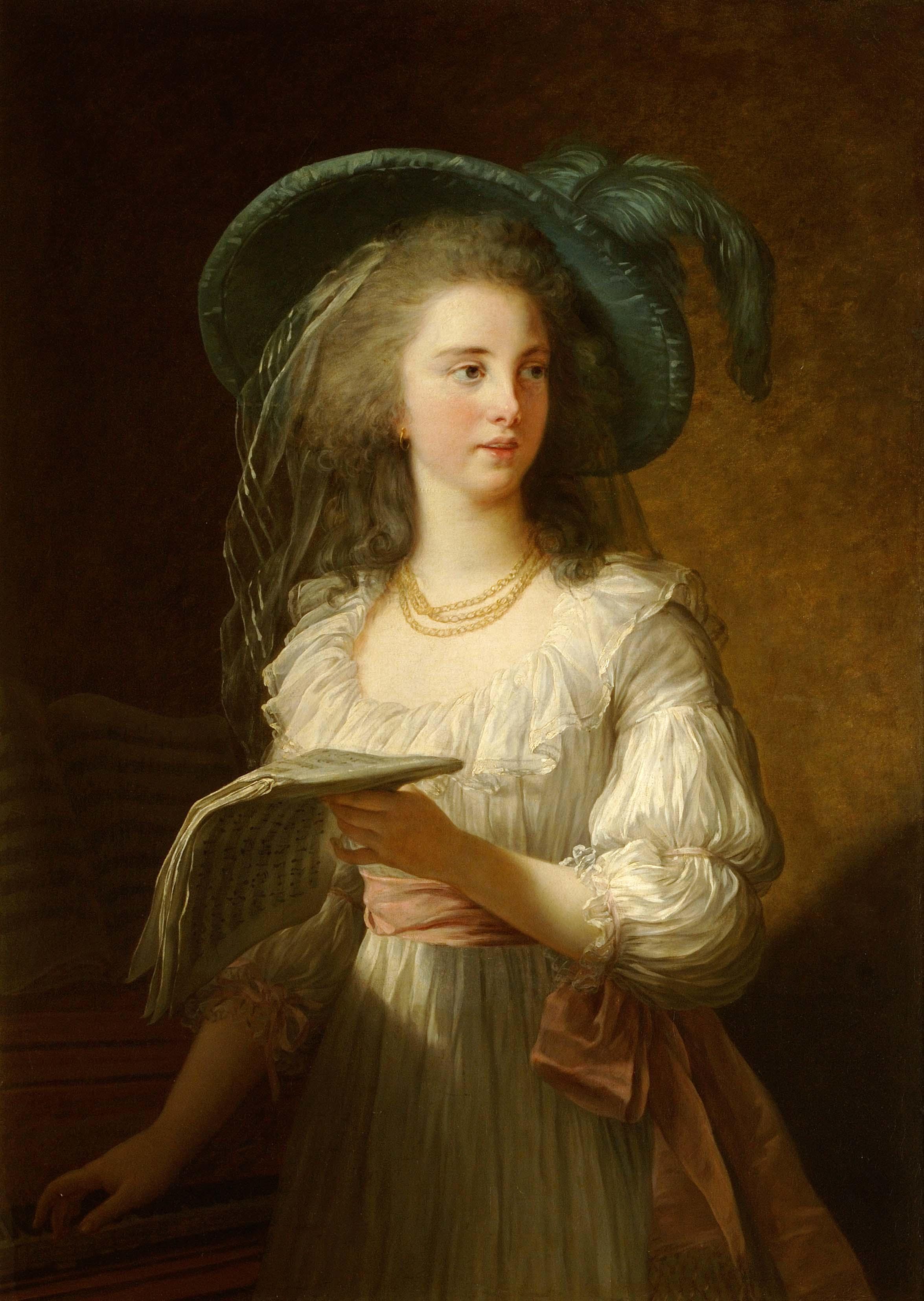 Portrait of a woman, standing, holding a book