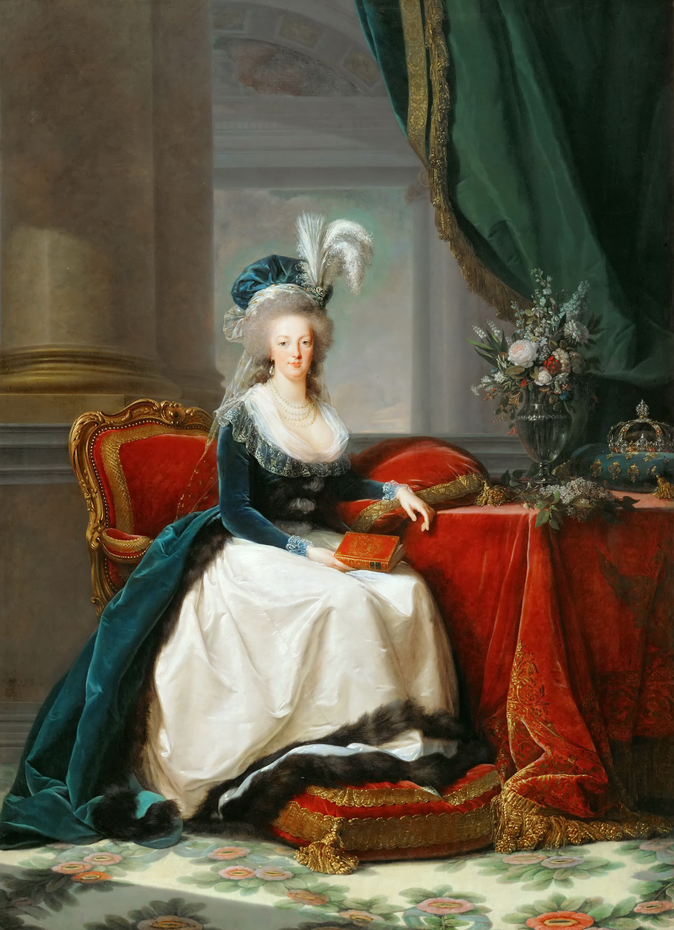 Woman (Marie Antoinette) seated, elaborate hat, holding a book