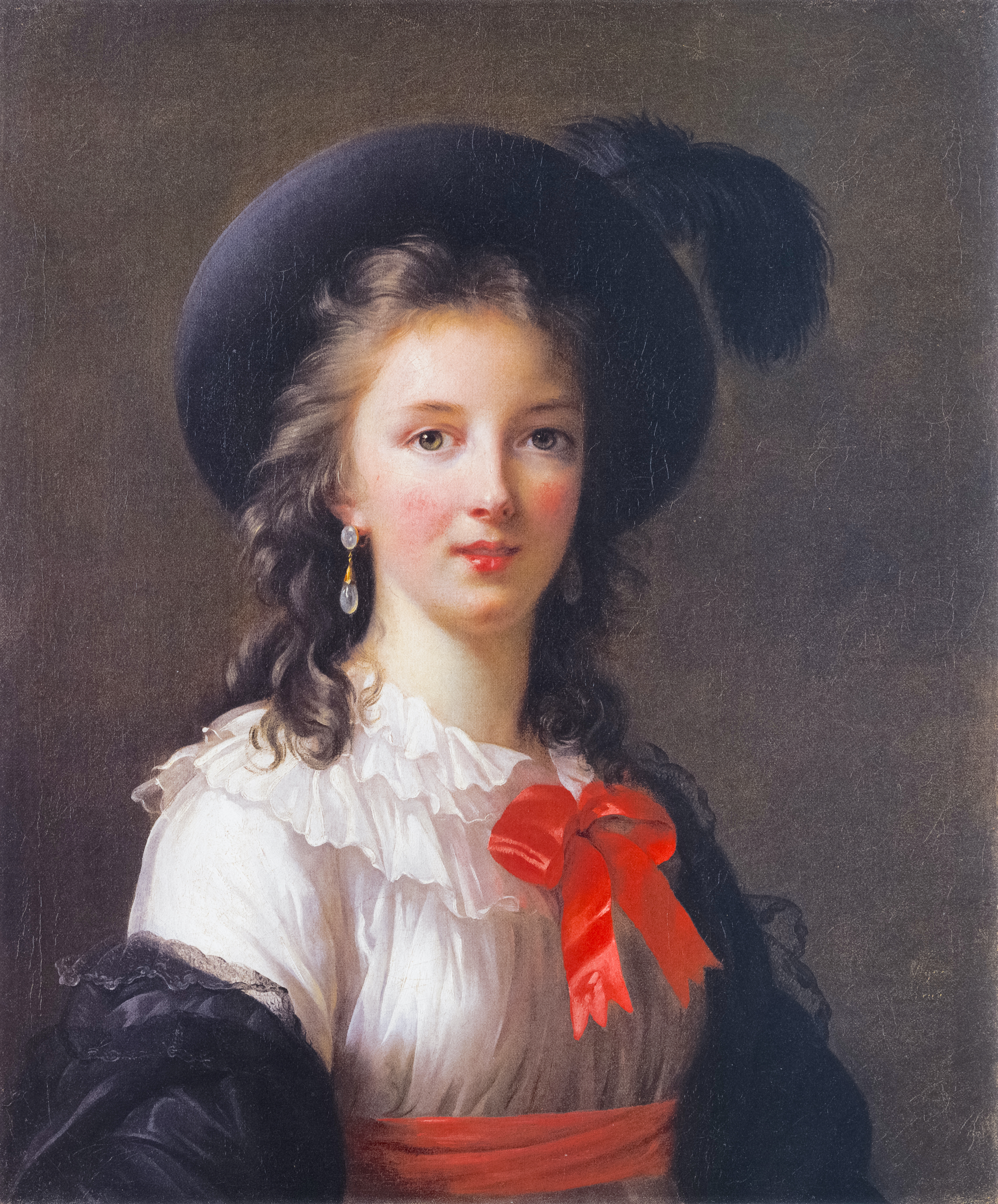 Self portrait of a woman with long curling hair, drop earrings, hat with plume, and a red bow and waist on her dress.
