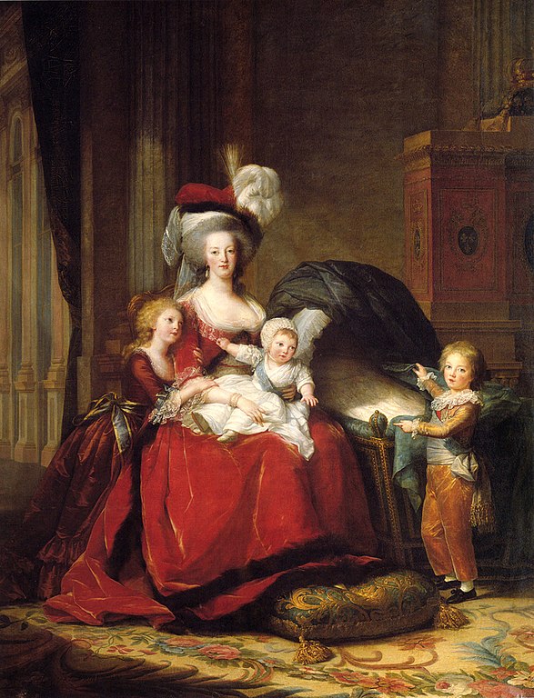 Marie Antoinete, seated, with a young child in her lap, two others standing next to her.