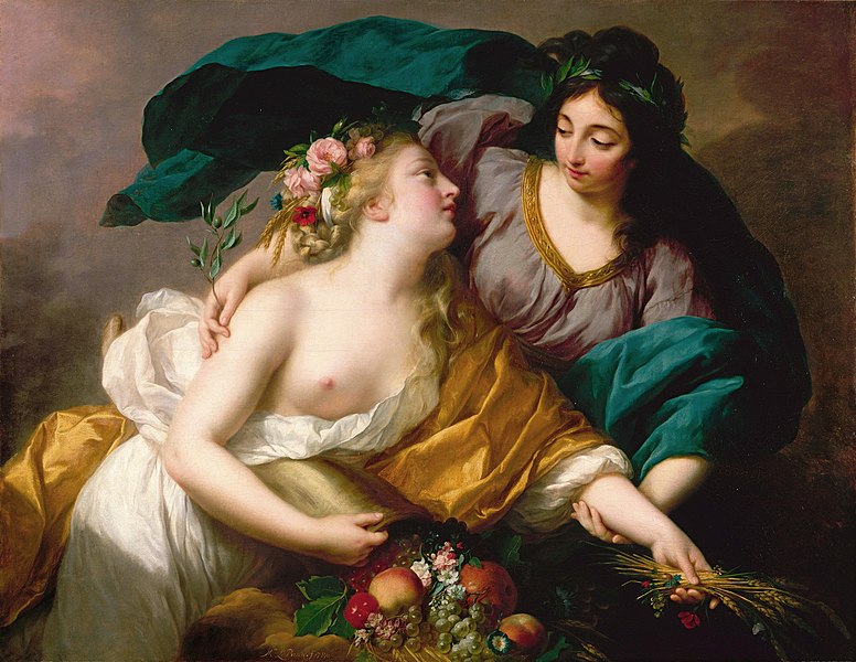Allegorical painting of two women. Plenty, whose breast is uncovered, holds a cornucopia, corn and wildflowers. Peace stands behind supporting her, with laurel.