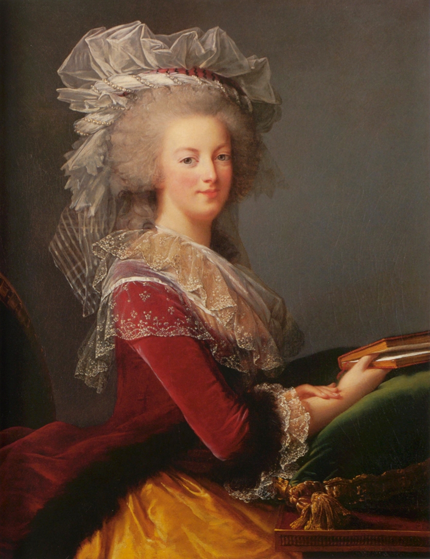 Portrait of Marie-Antoinette in crimson dress with elaborate hairstyle, holding a book 