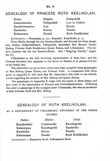 No. 3. Genealogy of Princess Ruth Keelikolani. Genealogy of Ruth Keelikolani. As a descendent of Umiaemoku, youngest of the three sisters.