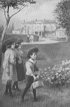 three children in hats with baskets walking on a lawn with large building in background