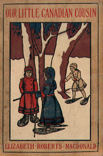 tan cloth cover with three children on snowshoes standing amid trees and snow.