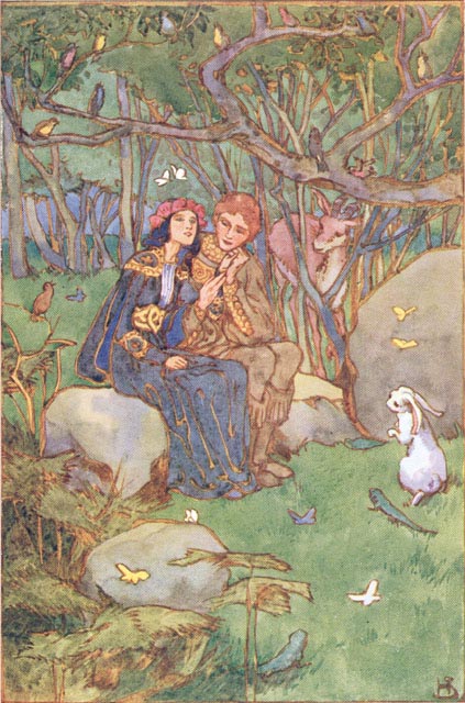 two people sitting together surrounded by woodland creatures in a forest
