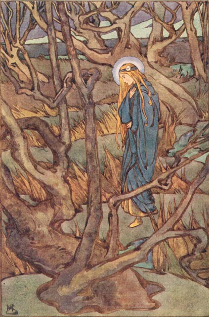 young woman with halo walking among gnarled trees and marshy grass