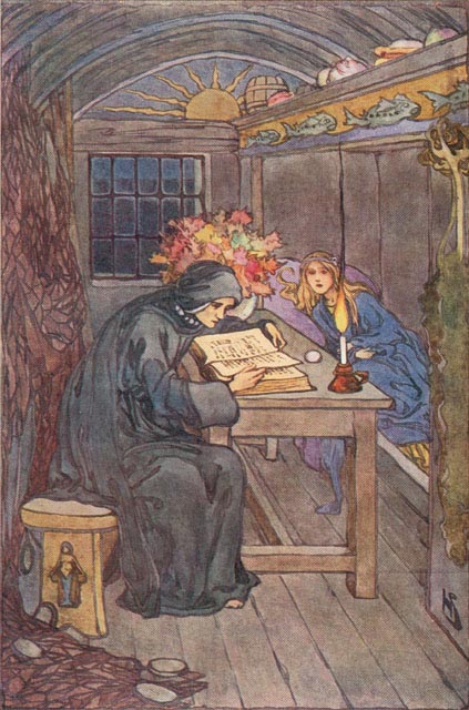 woman in dark cloak reading a book by candlelight with young woman reclining in background