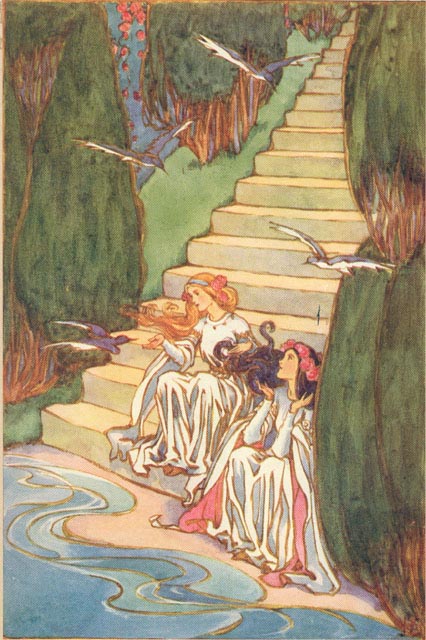 two young women in flowing dressses sitting by water near the bottom of steps lined with bushes while birds fly in the air