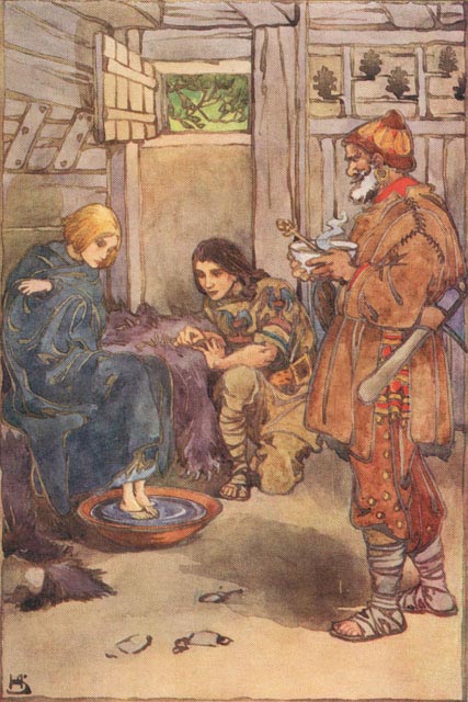 young woman wrapped in blanket soaking her feet while an old man brings her soup and a younger man looks on
