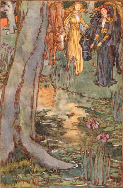 two young women, each with a horse, by a pond with lilies and lilypads in a forest