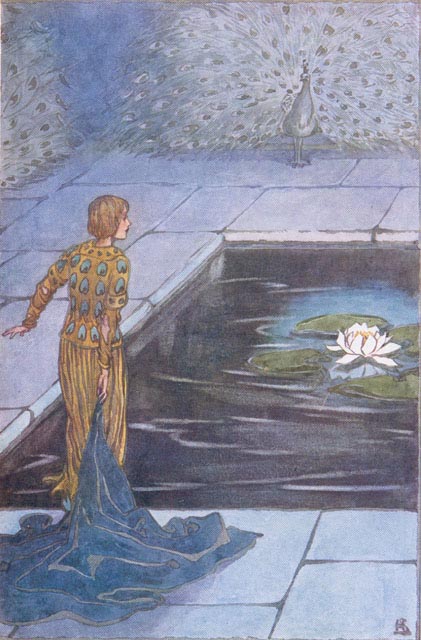 young woman looking at a lily in a pool with peacock in the background