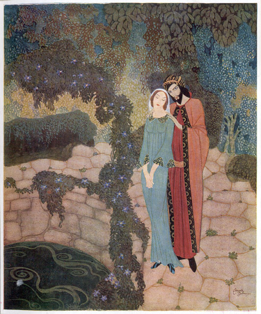 man and woman standing on a stone path by a well