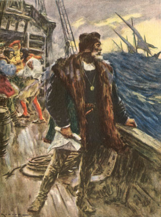 Columbus stands at the rail of his ship, looking out to sea.