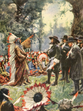 An Indian in an elaborate floor-length headdress stands addressing William Penn and a group of Quakers.