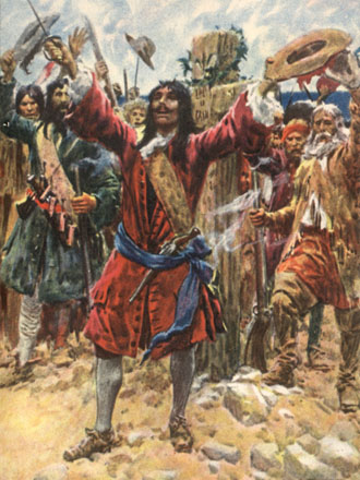 A swarthy man holds his sword and hat upraised, in front of a group of other men.