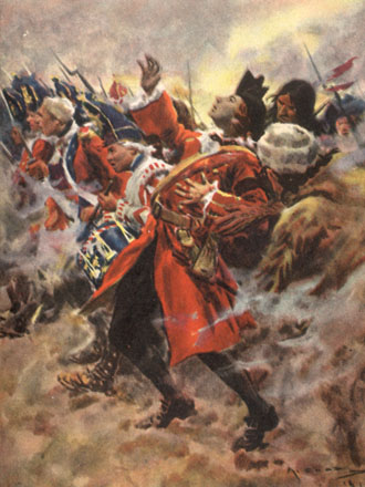 Wolfe clutches his chest and falls backward, as soldiers battle beyond him.