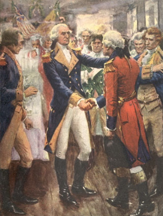 Washington shakes hands with a soldier, while others wait to say good-bye.