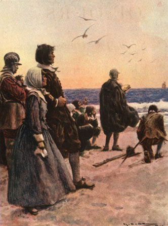A group of men and women in long cloaks and skirts look to the horizon on the right where a ship sails away. Seabirds fly overhead.