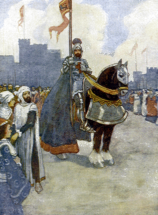 man in armor carrying flag on horseback