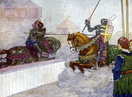 two men in armor charging at each other on horseback