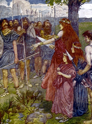 woman holding a sword, speaking to a group of soldiers with two girls behind her