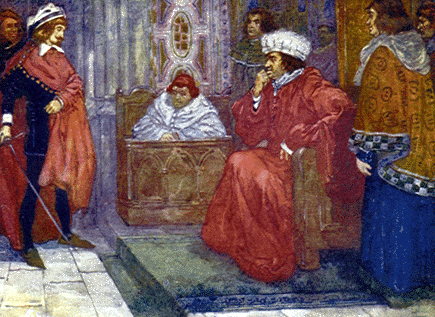 seated man in robe speaking to young man with sword