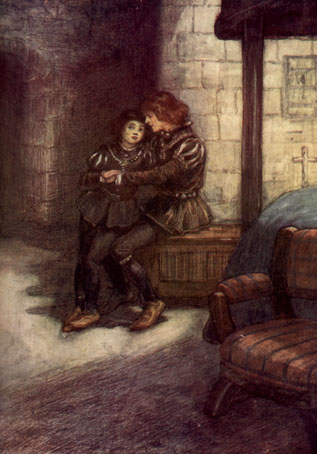 two boys sitting in a bedchamber in a castle
