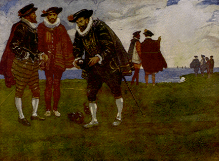 three men with hats and capes speaking to each other with others facing away in background