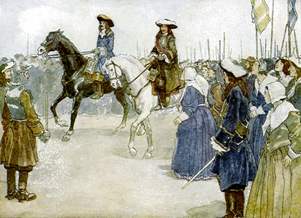 two men riding horses through a crowd