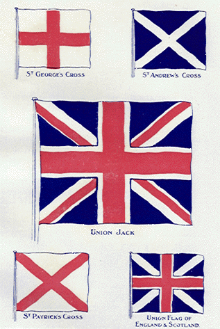 four flags (St. George's Cross, St. Andrew's Cross, St. Patrick's Cross, and Union Flag of England & Scotland) around the Union Jack flag