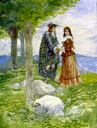 man in tartan holding woman's hand under a tree