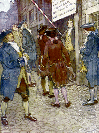men in tricorn hats outside of a shop