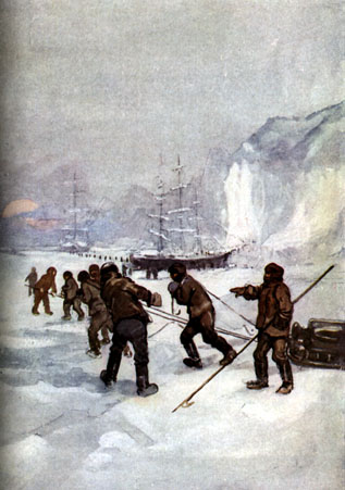 men dragging a sled through the snow toward two ships