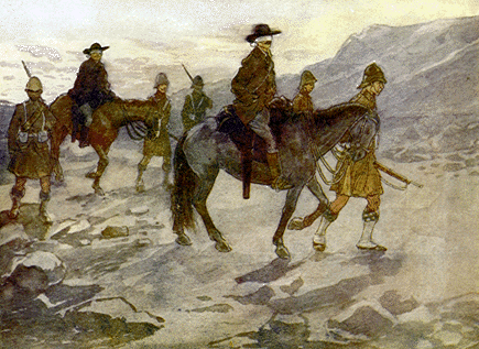 foot-soldiers guiding two blindfolded men on horseback