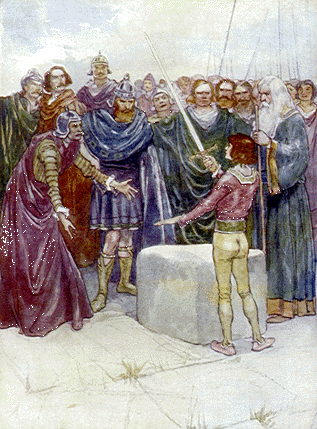 boy holding sword aloft in front of group of men